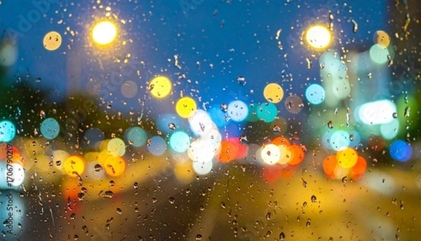 Fototapeta A Beautiful Rain Bokeh View Through A Window, Featuring Colorful City Lights Reflected In The Raindrops At Night, Creating A Serene And Atmospheric Scene.