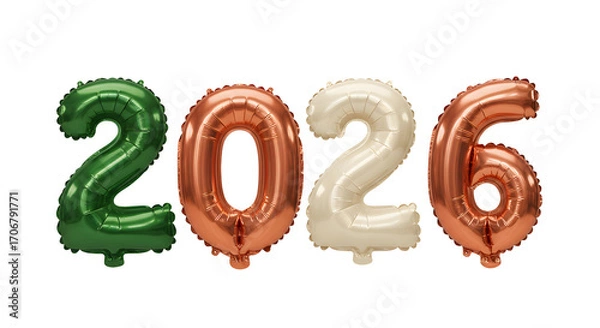 Obraz Green, white and rose gold 2026 number balloons on white background, perfect for New Year or milestone celebrations