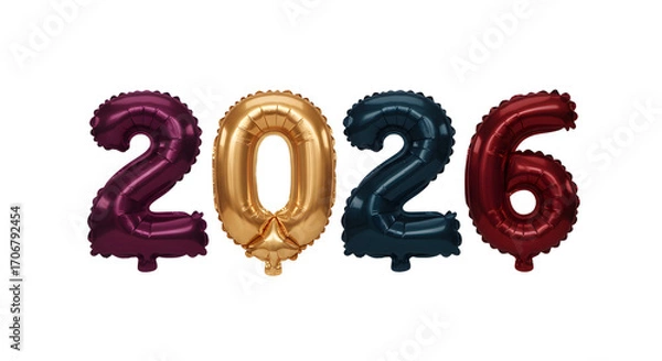 Fototapeta Colorful foil balloons shaped as numbers 2, 0, 2, and 6 in burgundy, gold, blue and red colors on white background, perfect for new year celebrations