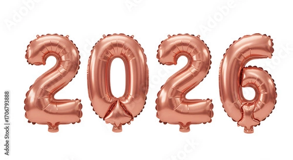 Fototapeta Rose gold foil number balloons 2026 isolated on white background, perfect for New Year celebrations and milestone events