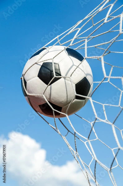 Obraz Soccer football in Goal net with the sky field.