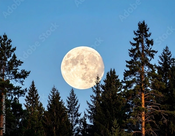 Obraz Full moon above a pine forest
