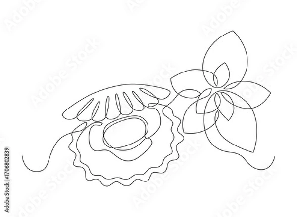 Fototapeta Scallop in a shell with mint leaves, drawn with continuous line in minimalism, abstract, seafood, one line, editable vector contour