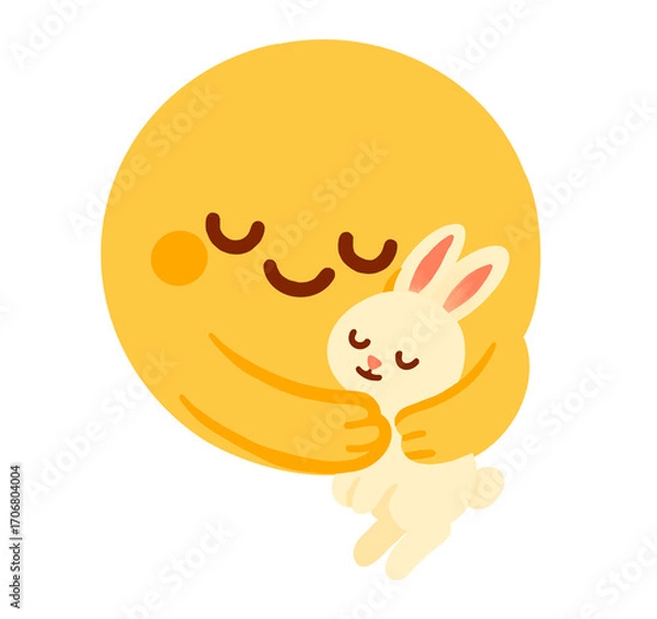 Obraz Anthropomorphic full moon with a smiling expression holding a rabbit, Mid-Autumn Festival elements