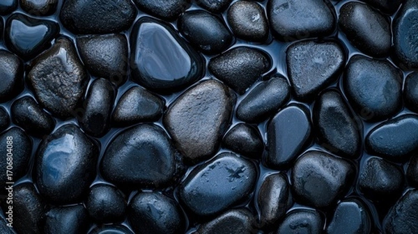 Fototapeta Smooth black pebbles in tranquil water setting