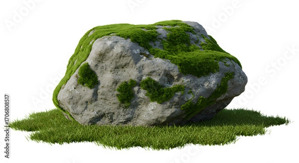 Fototapeta Mossy rock formation creates a natural garden accent or landscape design element with grassy base