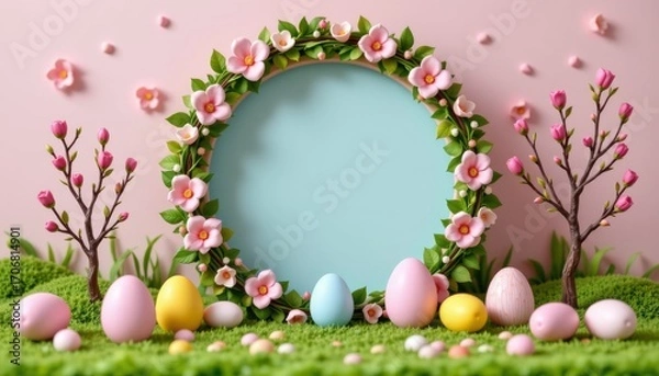Fototapeta Pastel easter eggs surrounded by cherry blossoms spring garden still life vibrant colors close-up festive decorations
