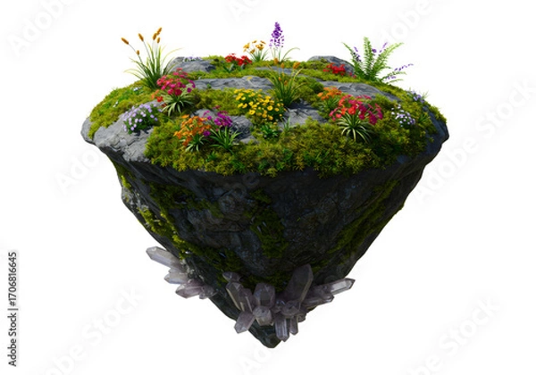 Fototapeta Floating fantasy island with colorful wildflowers and glowing crystals creating a magical garden scene