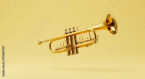 Fototapeta A gleaming golden trumpet, rendered in high detail, is presented against a bright, smooth, pale yellow background.