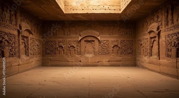Fototapeta Empty square room with carved sandstones background