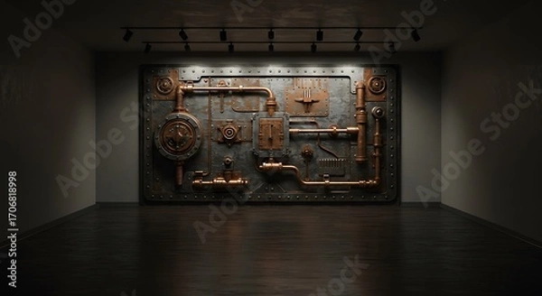 Fototapeta Empty square room with Steampunk metal plate with iron and copper metal