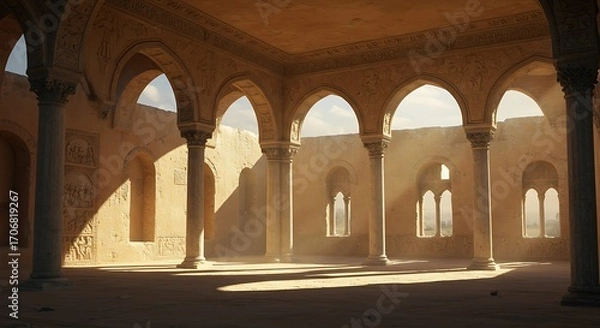 Fototapeta Empty square room with ancient arches, columns, windows and apertures
