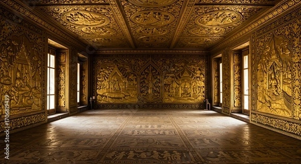 Fototapeta Empty square room with Thai classic style ancient pattern of golden wood craft