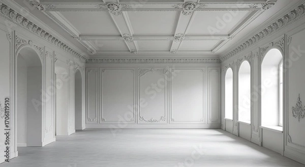 Fototapeta Empty square room with Fretwork. Stucco molding. Gips ceiling. Decorative gypsum panels. Geometric white background