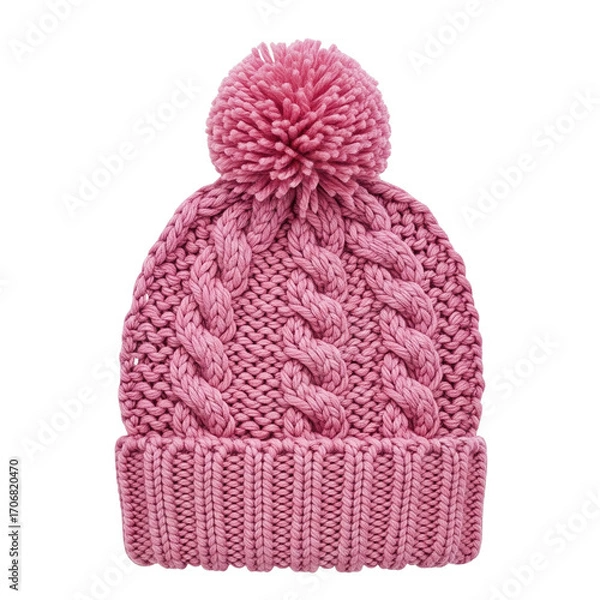 Fototapeta Pink knitted beanie with pompom, isolated on transparent background
