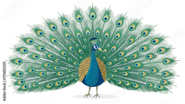 Fototapeta A cartoon peacock with a blue body and a large fan of green and blue feathers displayed behind it