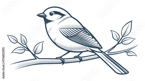 Fototapeta Stylized illustration of a bird perched on a branch with leaves in a monochrome color scheme design