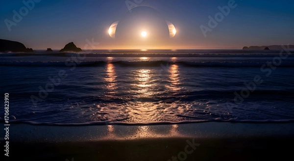 Fototapeta Surreal Beach Sunset with Three Suns