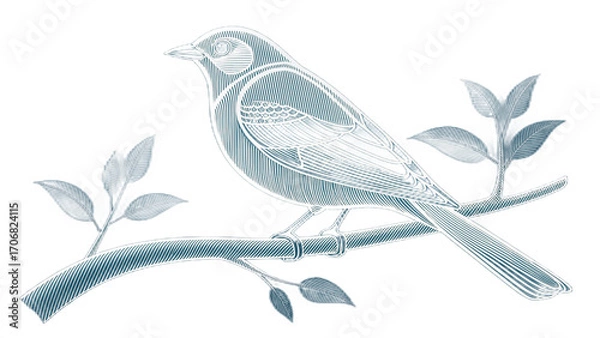 Fototapeta Stylized illustration of a bird perched on a branch with leaves against a black background