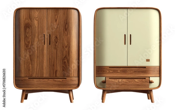 Fototapeta Modern Retro Style Furniture Display with Wood and Green Accent Pieces
