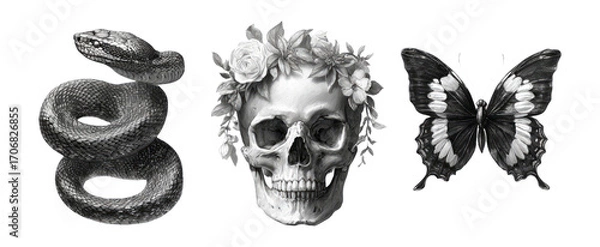 Fototapeta Black and White Illustrations of Snake, Skull, and Butterfly on Transparent Background
