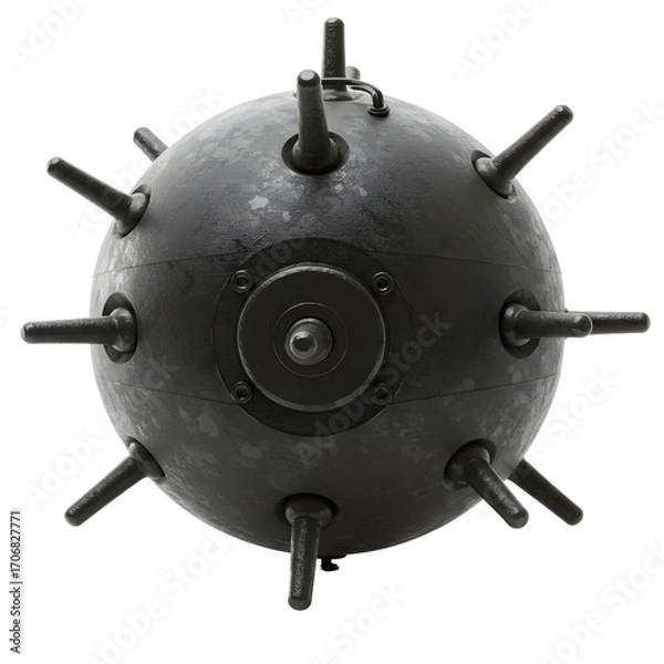 Fototapeta Menacing naval mine with detonators, a symbol of danger and historical maritime conflict, isolated object