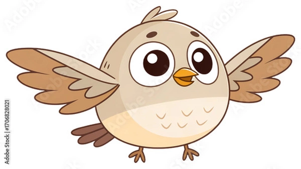 Fototapeta Cartoon bird with brown and beige feathers flying with wings spread on a black background