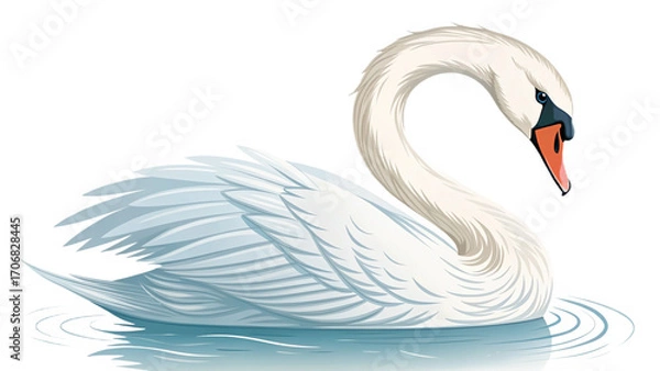 Fototapeta A graceful white swan floats serenely on the water with its elegant neck curved downwards gently resting