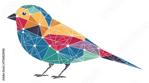 Fototapeta A colorful geometric bird illustration with triangles and white dots on a black background