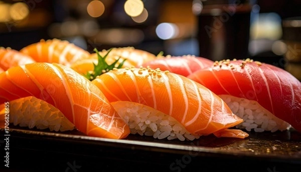 Fototapeta A Delectable Platter Showcasing Premium Sushi, Featuring Succulent Salmon And Tuna Nigiri. Artisan Prepared, This Image Highlights The Exquisite Texture And Vibrant Colors Of Fresh Seafood.