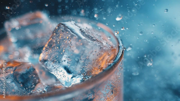 Fototapeta Refreshing ice cubes in glass with bubbles and water droplets create vibrant scene