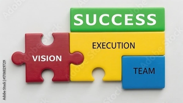 Fototapeta startup success execution competition goals concept. Puzzle pieces representing success, vision, execution, and teamwork.