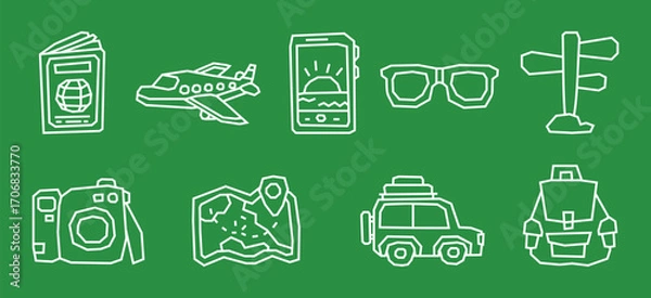 Fototapeta Solid Bold White Outline Traveling Theme Icon Collection in Cutout and Flat Design