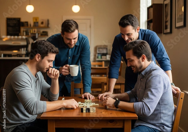 Fototapeta Group of male friends gathered around a table enjoying a friendly game of dominoes, sharing a moment of camaraderie and leisure