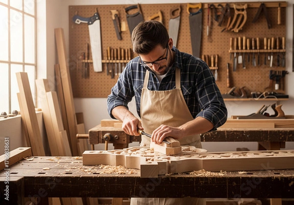 Fototapeta Focused young carpenter meticulously carving a piece of wood with a chisel in his sunlit workshop