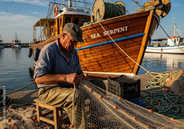 Fototapeta An experienced fisherman sitting on a stool and carefully repairing a large fishing net with his hands in a port