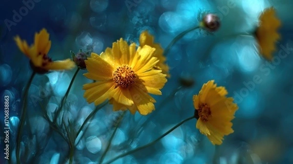 Fototapeta A mesmerizing view of bright yellow coreopsis flowers, their petals illuminated against a soft teal bokeh background