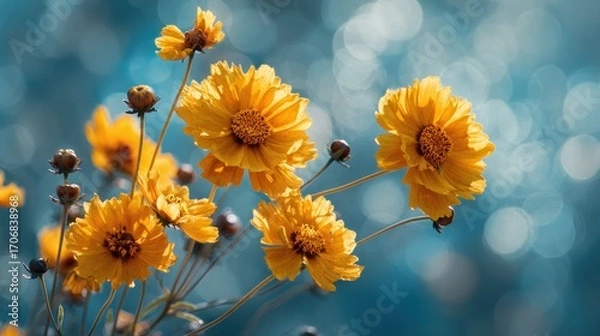 Fototapeta Closeup of vibrant yellow coreopsis flowers in full bloom, their delicate petals creating a captivating display of natural beauty