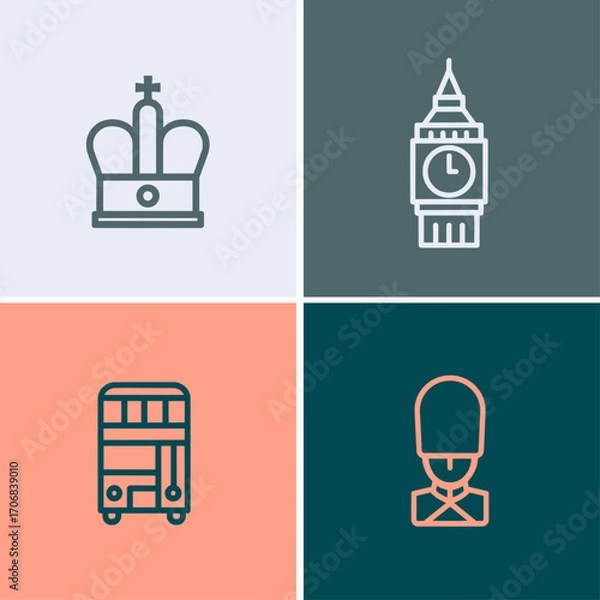 Fototapeta Collection of British Icons Crown, Clock Tower, Double Decker Bus, and Guard