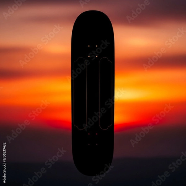 Fototapeta Silhouette of a skateboard against a vibrant sunset sky with orange and red hues in the background view created with generative ai