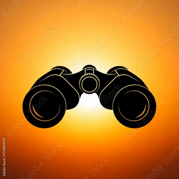 Fototapeta Silhouette of binoculars against a gradient orange background with a bright light source behind them created with generative ai
