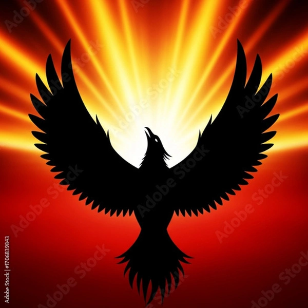 Fototapeta Silhouette of a phoenix with wings spread against a fiery orange and red background with light rays created with generative ai