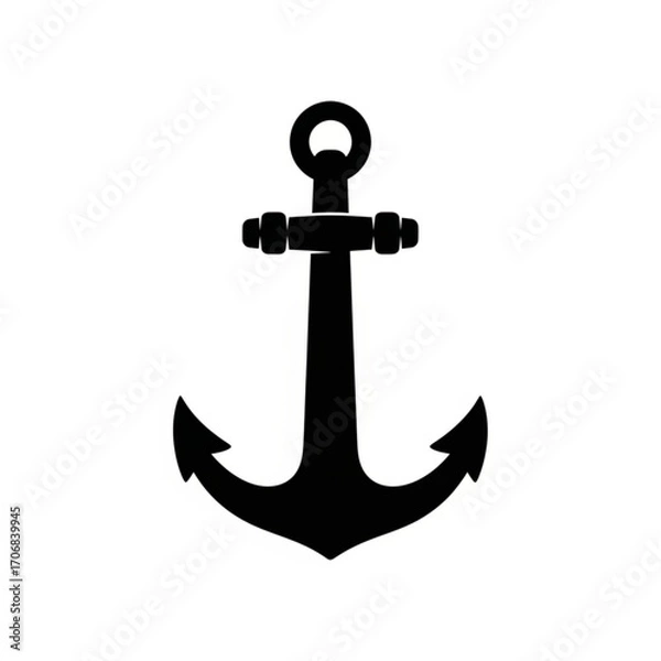 Fototapeta A bold black silhouette of a classic anchor with a ring and two flukes on a plain white background created with generative ai