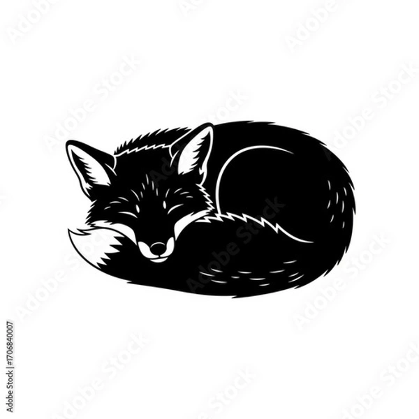 Fototapeta Illustration of a curled up fox sleeping peacefully in black and white with a bushy tail and closed eyes created with generative ai