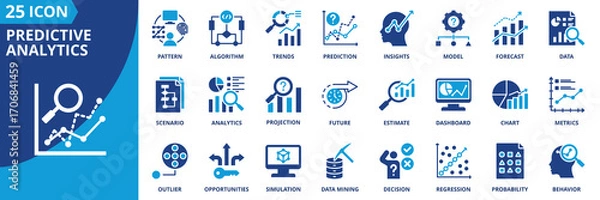Fototapeta Predictive analytics icon set collection in flat style. Icon pack contains forecast, model, algorithm, trends, data, insights, pattern, analytics, future, estimate, projection, probability