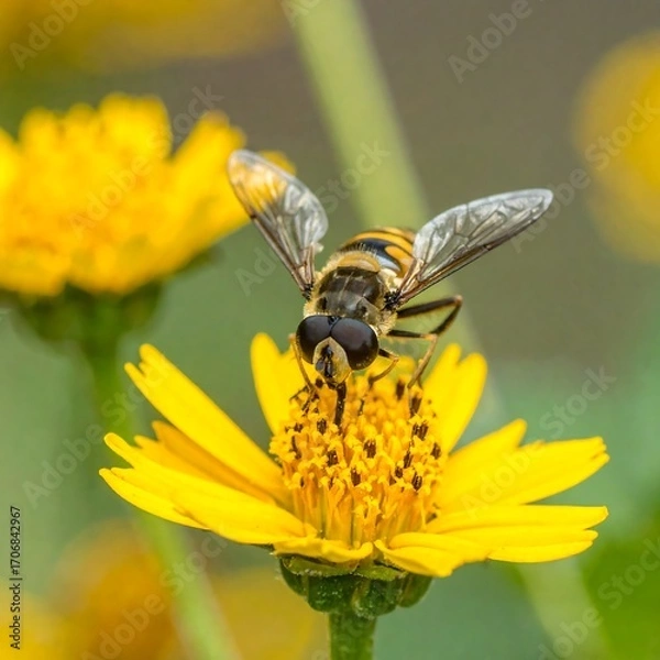 Obraz Hoverfly on a yellow flower. Close-up view