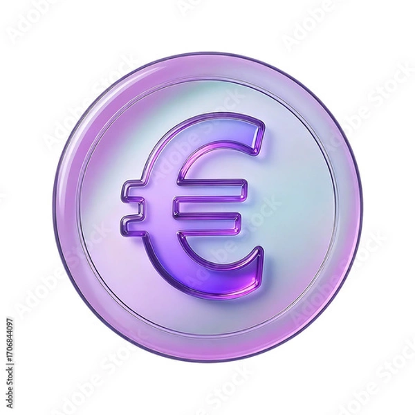Fototapeta Glowing purple euro symbol coin isolated for financial concepts isolated on transparent background
