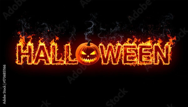 Obraz Fiery Halloween Spectacle: An ominous Halloween graphic ignites with fiery letters and a glowing pumpkin at its heart, radiating a spooky aura of terror and anticipation.