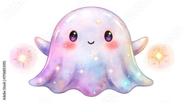 Fototapeta Adorable Galaxy Ghost with Sparkles on White Background.