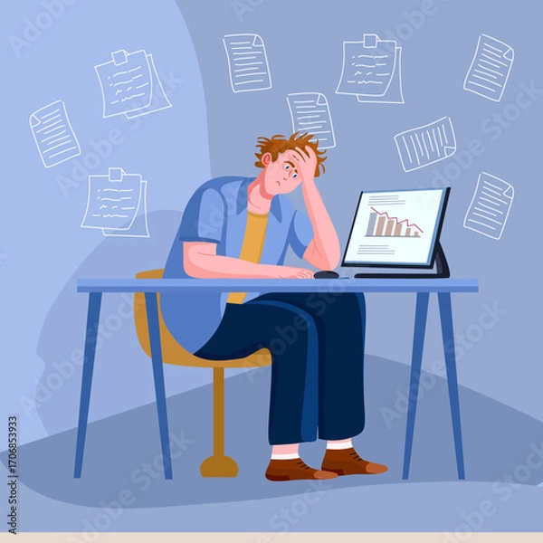 Fototapeta Stressed worker with falling graph on laptop